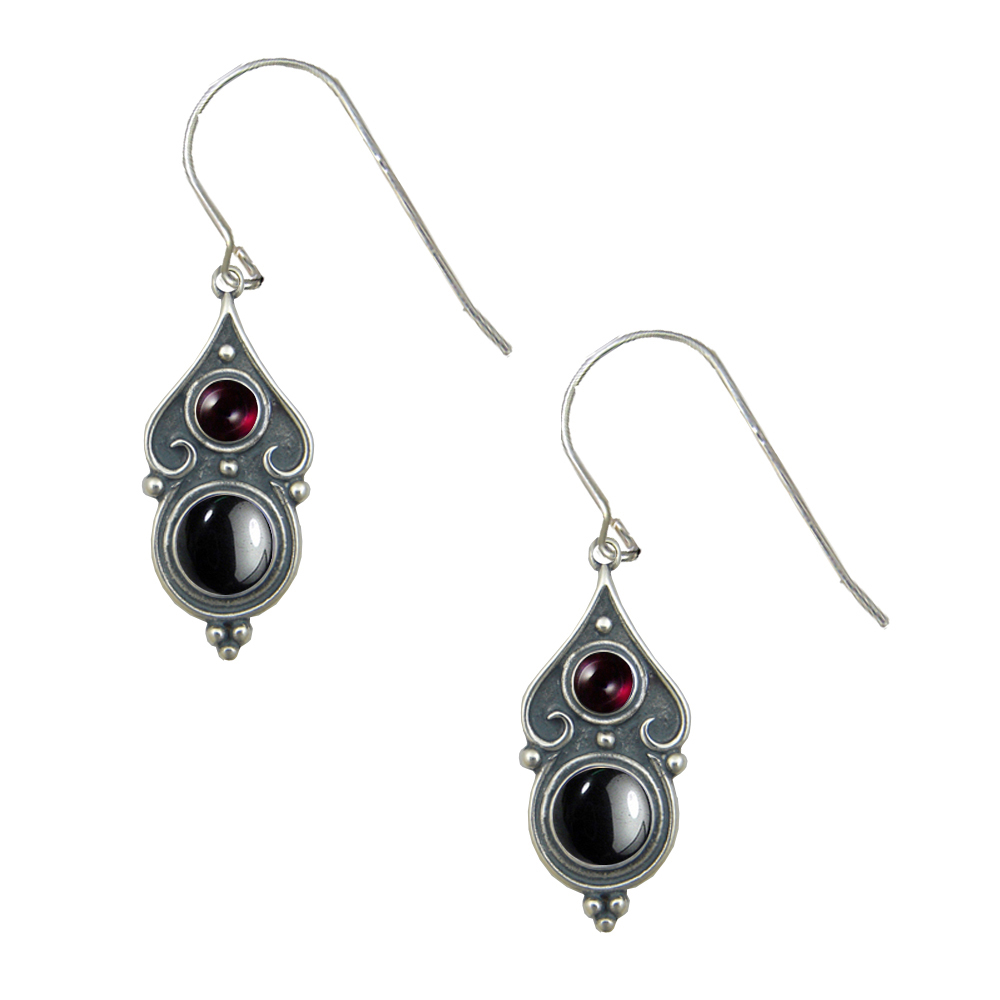 Sterling Silver Designer Post Stud Earrings With Hematite And Garnet